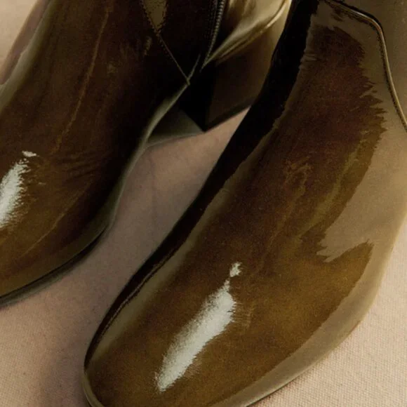 Sezane Paulette Low Boots Patent Olive Green - Size 8 - Picture 2 of 6